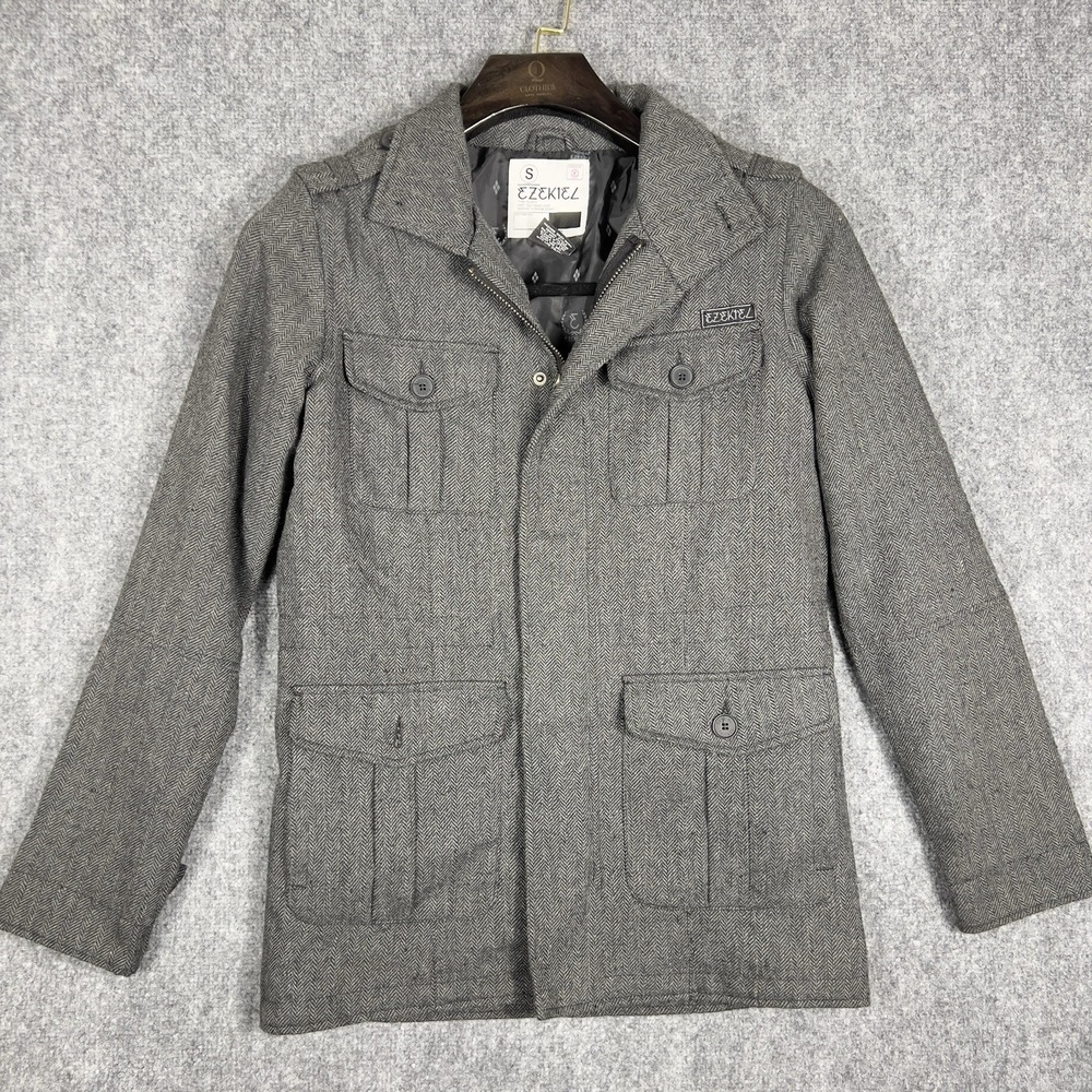 EZEKIEL Gray Herringbone Military Field Jacket Women's Small Button Zip Coat